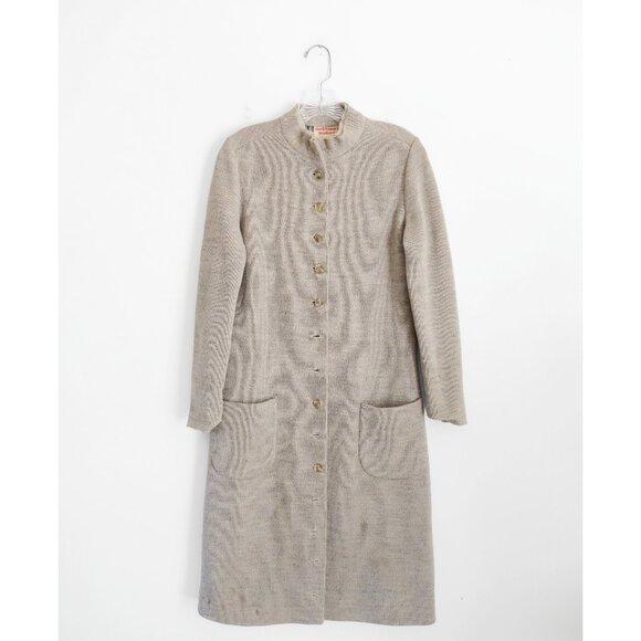 Vtg 60 70s Chuck Howard Taupe Oatmeal Beige Wool Button Down Sweater Dress S M - Picture 1 of 9